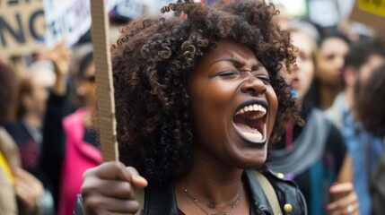 African woman demonstration standing with protest sign in the crowd and screaming - obrazy, fototapety, plakaty