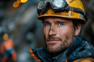 Fototapeta premium An close-up image of a smiling industrial worker in a helmet and protective gear looking slightly off-camera