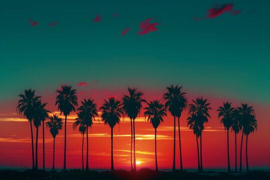 The sunset scene of palm trees and the sunset in the sky. Generative AI. P002