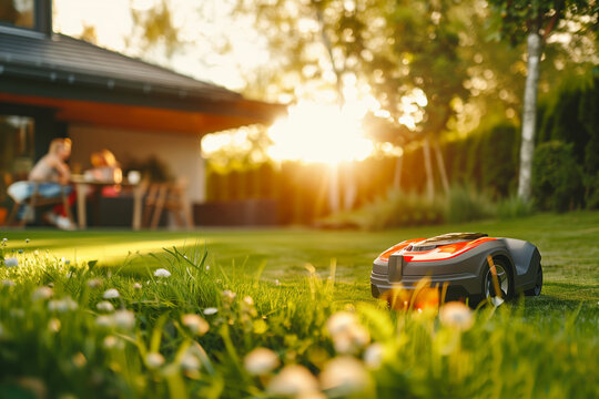A lawn mowing robot mowing the lawn in the garden. Family members sitting at the table in the background