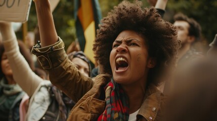 Afro woman standing with protest sign in the crowd and screaming - obrazy, fototapety, plakaty