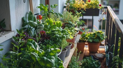 Fototapeta na wymiar Balcony farms in city apartments showcasing urban gardening.