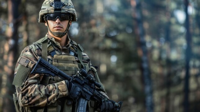 American soldier with machine gun in the forest