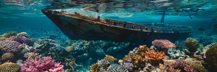 Shipwreck and coral reef its wooden structure home to myriad of sea life - Water and colorful coral contrast with the decaying ship, symbolizing nature reclaiming created with Generative AI Technology