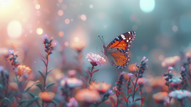 A butterfly on a wildflower in a city setting, illustrating biodiversity in urban areas for climate justice against a soft pastel urban background.