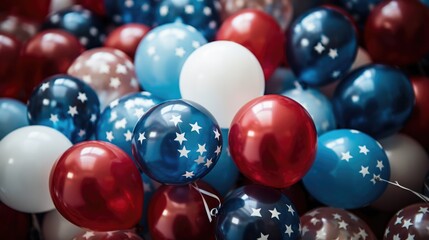 A bundle of festive red, white, and blue balloons clustered together.