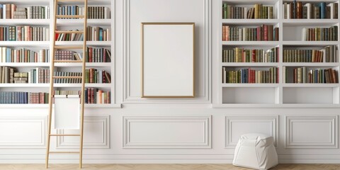 A white room with a ladder and a white frame with a white picture