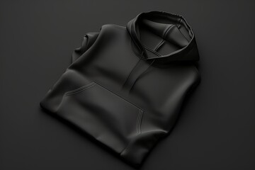 The neat folds of a black hoodie mockup on a black background, an elegant hoodie mockup suitable for street style. An up-to-date fashion style. Created with Generative AI.