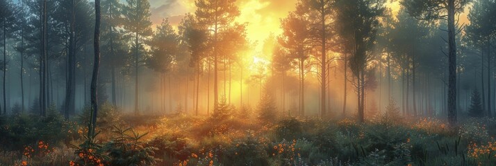 A vibrant forest at sunrise, representing nature's strength and balance amid a gentle dawn. - obrazy, fototapety, plakaty