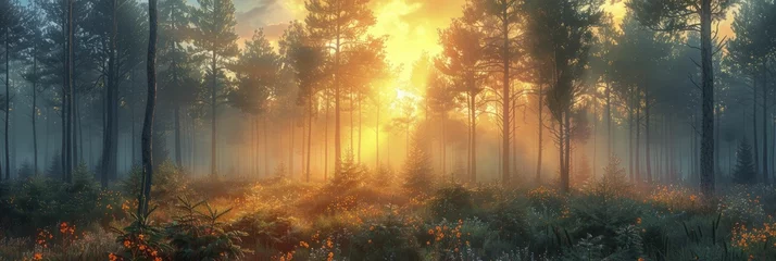Foto op Canvas A vibrant forest at sunrise, representing nature's strength and balance amid a gentle dawn. © Kanisorn