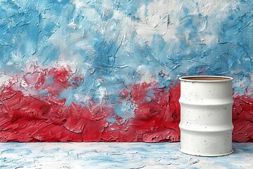 A bold statement is made with a clean white oil barrel positioned against a vibrant hand-painted background - obrazy, fototapety, plakaty