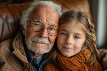 Intimate portrait of a grandfather and granddaughter indicating strong family ties and affection in a cozy setting