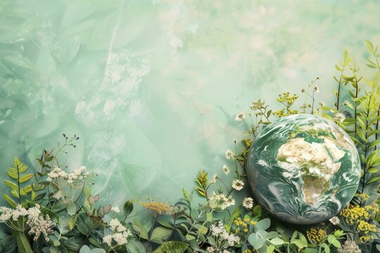 A globe encircled by foliage represents a green movement for environmental equity against a soft botanical backdrop.