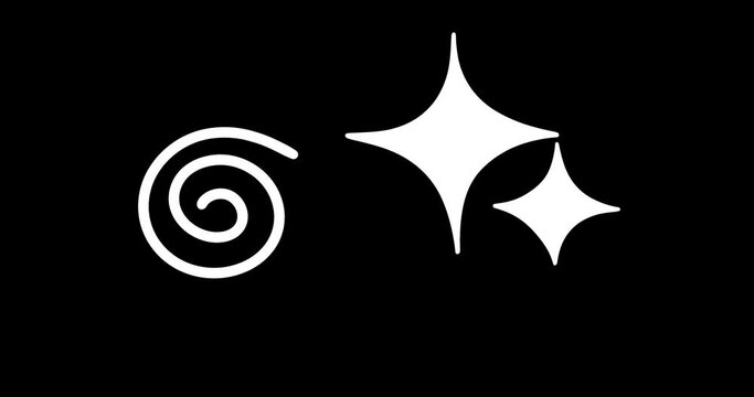 Animated Doodle Icon Set: Shining Stars, mystery Heart, Squiggle, Spiral, Eyes. Cute line Sticker in Sketch Style, Isolated on Black. Hand-Drawn Loop 4K Video on Transparent Background, Alpha Channel.