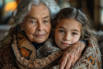 A portrait capturing an intimate moment between a young girl and her grandmother, wrapped in a cozy scarf - Powered by Adobe