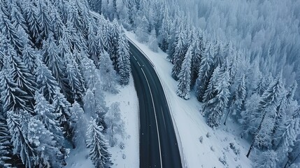 Asphalt curve road in perfect winter forest, drone footage