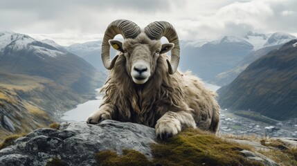 Aries zodiac symbol on a stunning mountain summit, representing strength and leadership