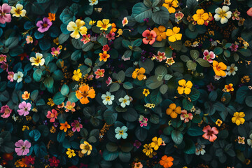 colorful flowers meadow texture background, top view