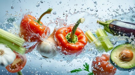 Fresh vegetables with water splash. Healthy food concept.