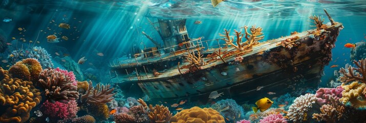 Shipwreck and coral reef its wooden structure home to myriad of sea life - Water and colorful coral contrast with the decaying ship, symbolizing nature reclaiming created with Generative AI Technology - obrazy, fototapety, plakaty