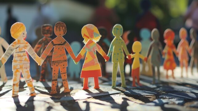 Unity and Diversity Paper Chain Figures . Colorful paper chain figures stand hand-in-hand, symbolizing unity, diversity, and the strength of community.
