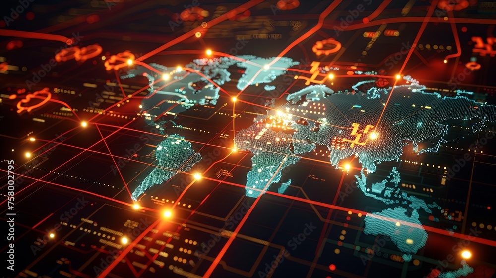 Poster global network connectivity and data exchange digital world map depicting international network conn