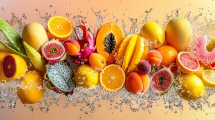 Exotic fruits with splashes of water on orange background. Food background