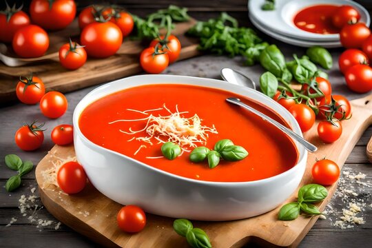 A delicious fresh tomato soup is served in a white bowl, creating a bowlful of freshness with tomato bliss on a wooden cutting board