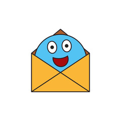 Open mail envelope with laughing face and smiley inside. Cartoon color vector illustration.