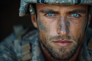 The close-up photo captures a male soldier with intense blue eyes and face paint camouflage, hinting his readiness for a mission