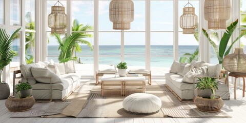 A living room with a view of the ocean