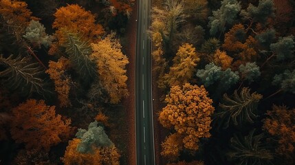 Asphalt road in perfect autumn forest, drone footage
