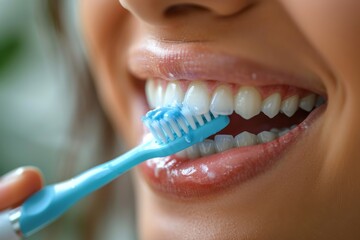A close-up shot capturing dental hygiene, showcasing pearly white teeth being brushed with a blue toothbrush