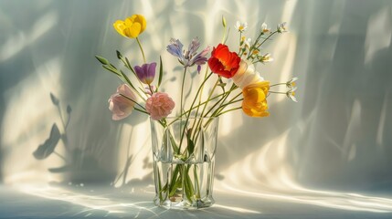 Colorful spring flowers in vase on white background with sun light