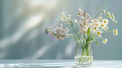 Bouquet of wildflowers in glass vase on gray background
