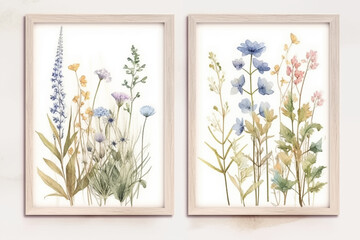 Watercolor painting of wildflowers in wooden frames on white background