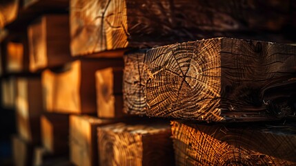 A close-up shot of stacked wooden beams in a dimly lit warehouse, highlighting the texture and craftsmanship of the timber.