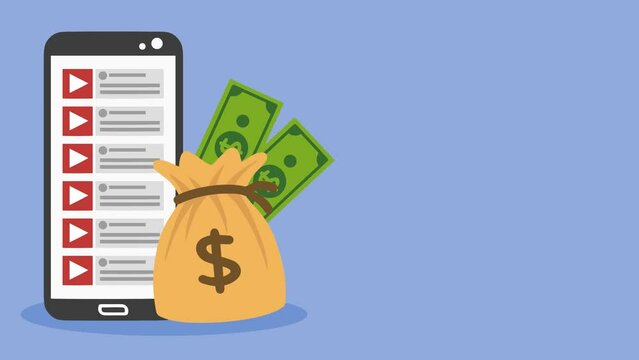 Animated Infographic to Monetize Video Content Footage with people as viewers, smartphones and money. Monetize content video and earn money from Online. People watching Video contents and make revenue