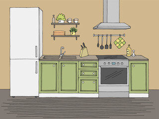 Kitchen room graphic color home interior sketch illustration vector  - 758004359