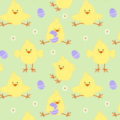 Easter chicks with eggs. Seamless pattern.