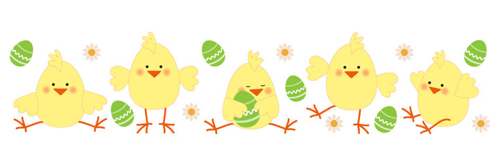 Set of cute Easter chicks with eggs in a flat style. Vector illustration isolsted on white background