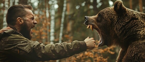 Grizzly bear fighting with the man in the forest - obrazy, fototapety, plakaty