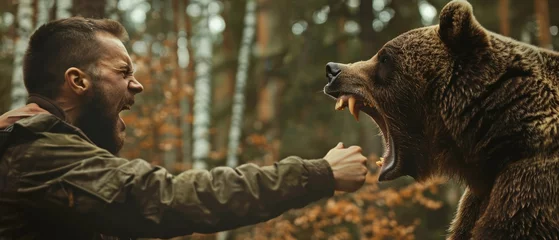 Foto op Canvas Grizzly bear fighting with the man in the forest © Andrii