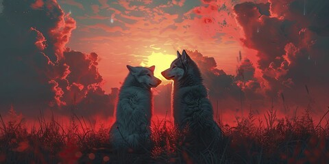 Male and female canines, under a pastel sky, show loyalty and partnership as they sit side by side.