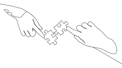 Self drawing line animation of two hands with puzzle pieces connecting together