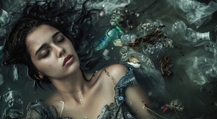 Young woman lying in the water with garbage. Concept of pollution of nature.