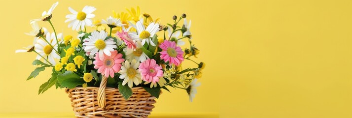 spring flowers in a basket on yellow background banner with copy space - Powered by Adobe