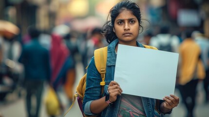 Indian woman standing alone on the crowded street, serious face, holding blank protest sign - obrazy, fototapety, plakaty