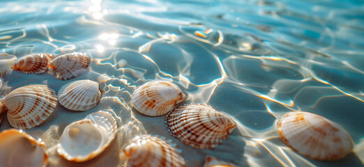 Seashells in clear sea water on a sandy beach in the sunshine. Summer and travel concept banner. - obrazy, fototapety, plakaty