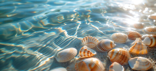 Seashells in clear sea water on a sandy beach in the sunshine. Summer and travel concept banner. - obrazy, fototapety, plakaty